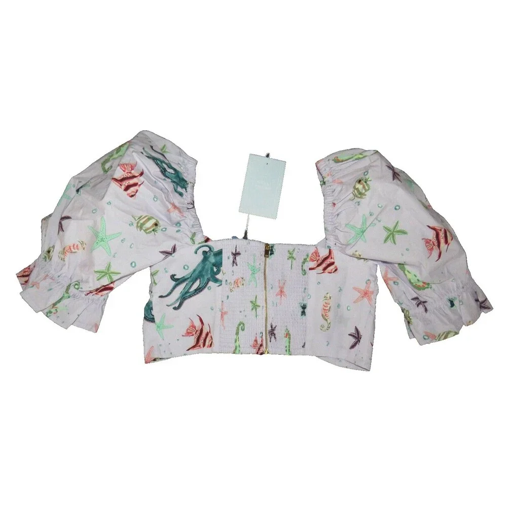 Hill House Women's The Isabella Top Sea Creatures Tie Front Smocked Back Size M
